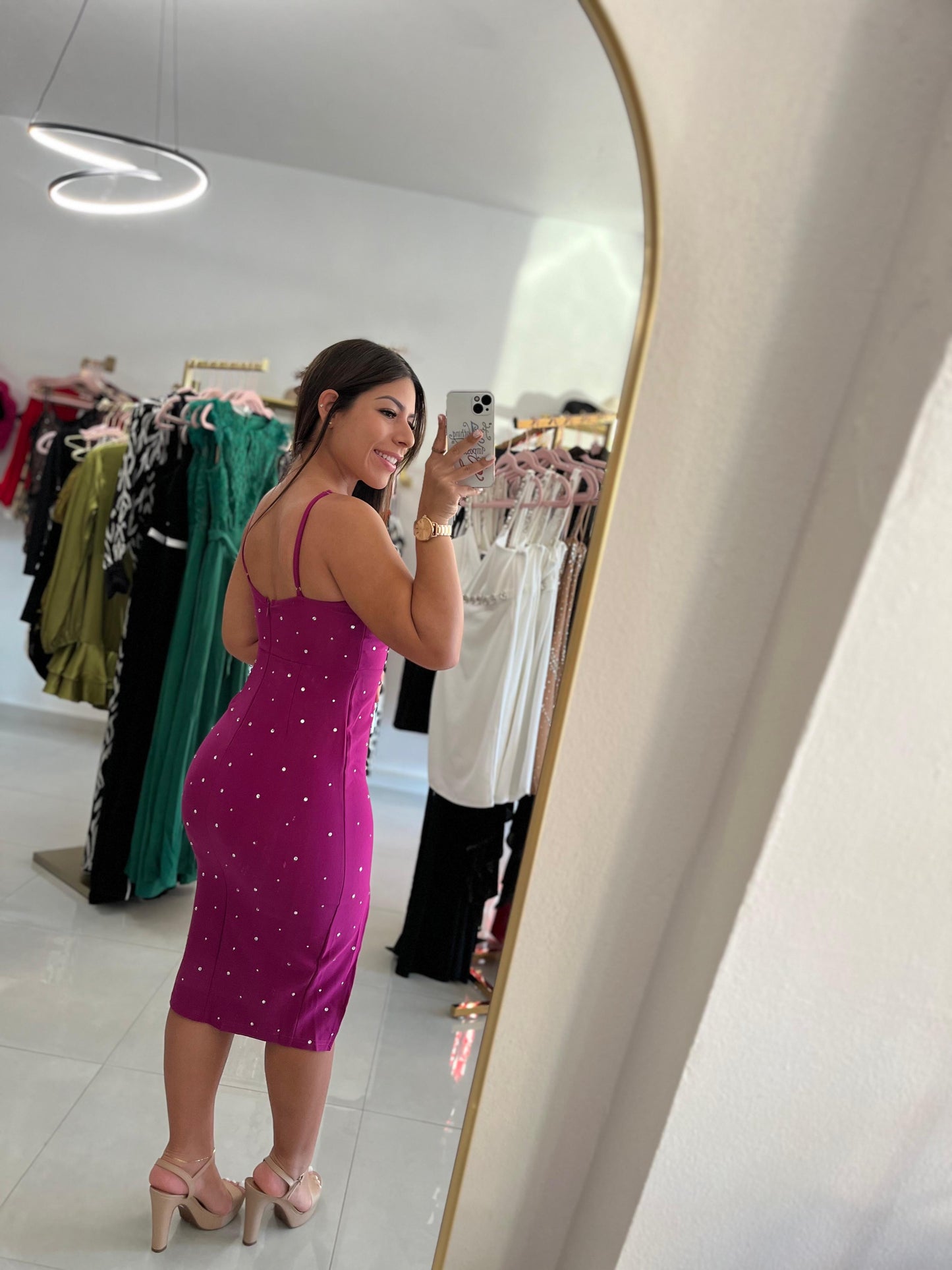 Hotfix Trim MIDI Dress Magenta