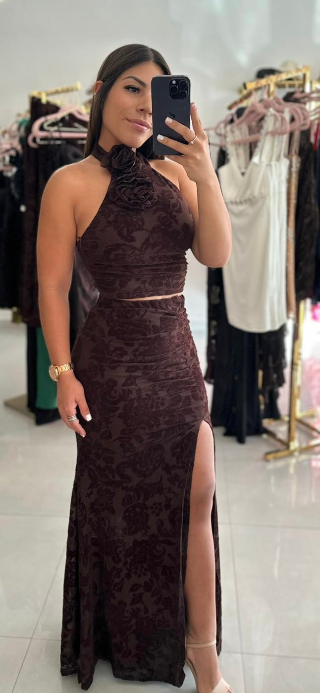 Crop Backless Top & Long Skirt Brown