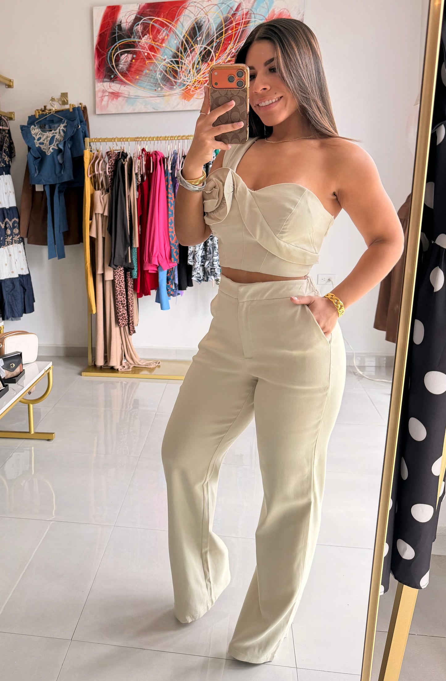 One Shoulder Flower Pant Set