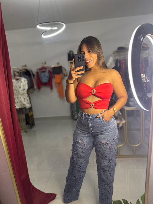 Cut Off Crop Top-Red