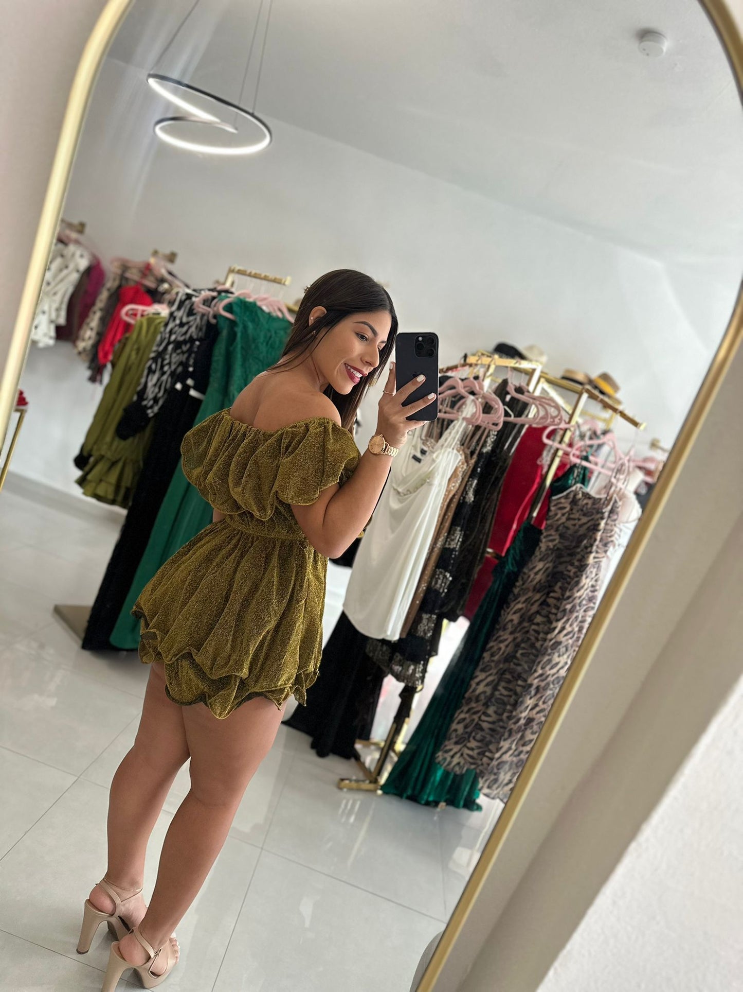 Off Shoulder Knit Romper Gold