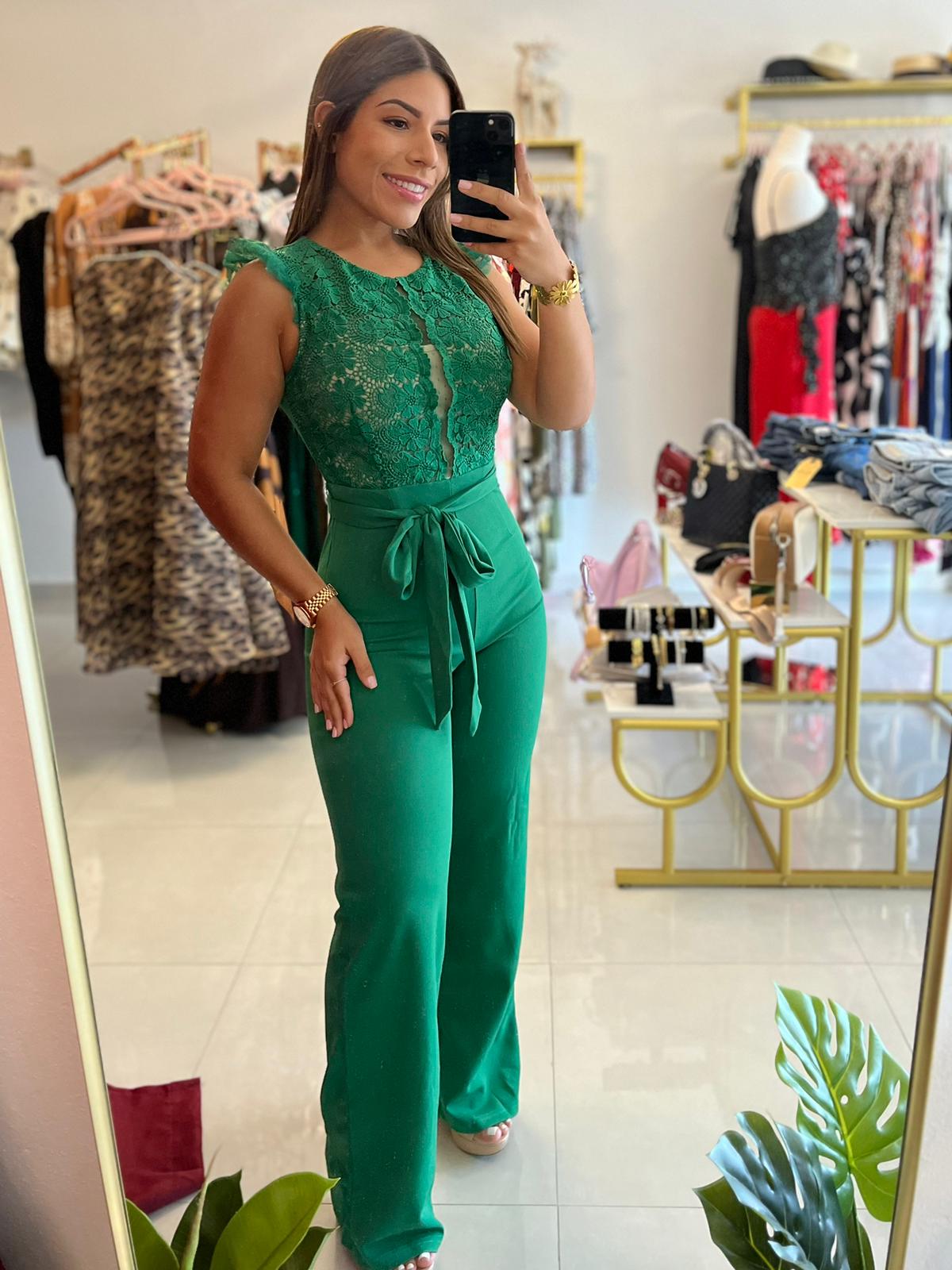 Lace top knit jumpsuit green