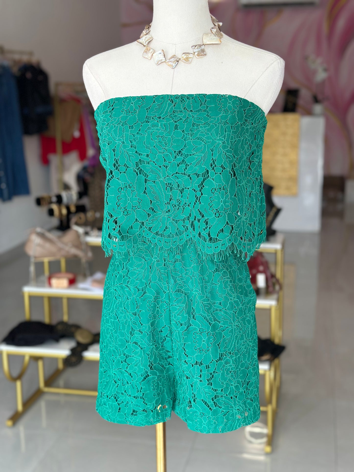 Emerald Lace Strapless Romper