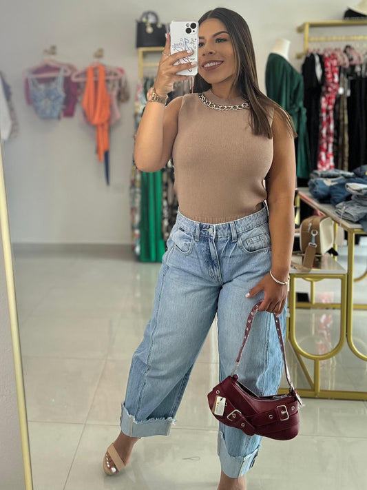 Sleeveless Knit Top With Chain Trim- Mocha