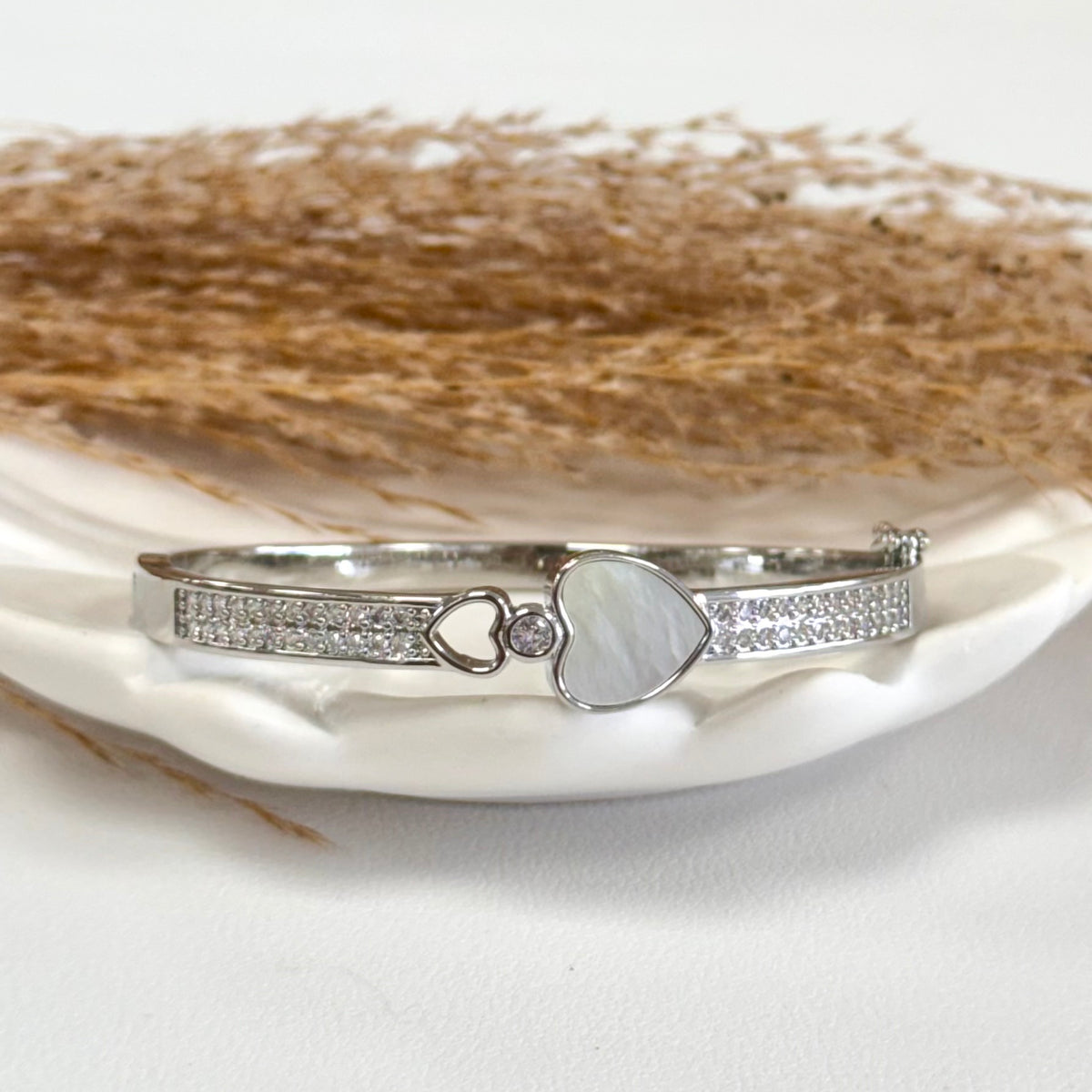 Silver Bangle with open and white heart