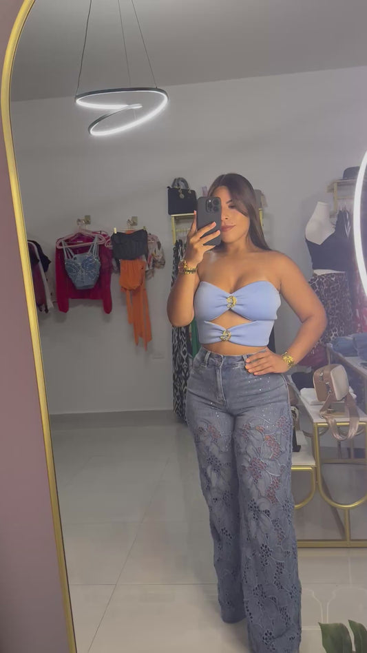 Cut Off Crop Top-Blue