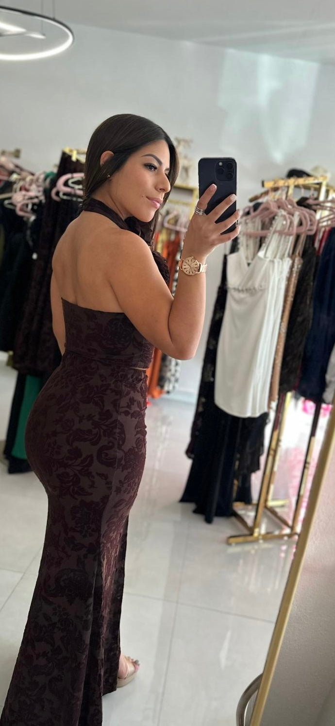 Crop Backless Top & Long Skirt Brown