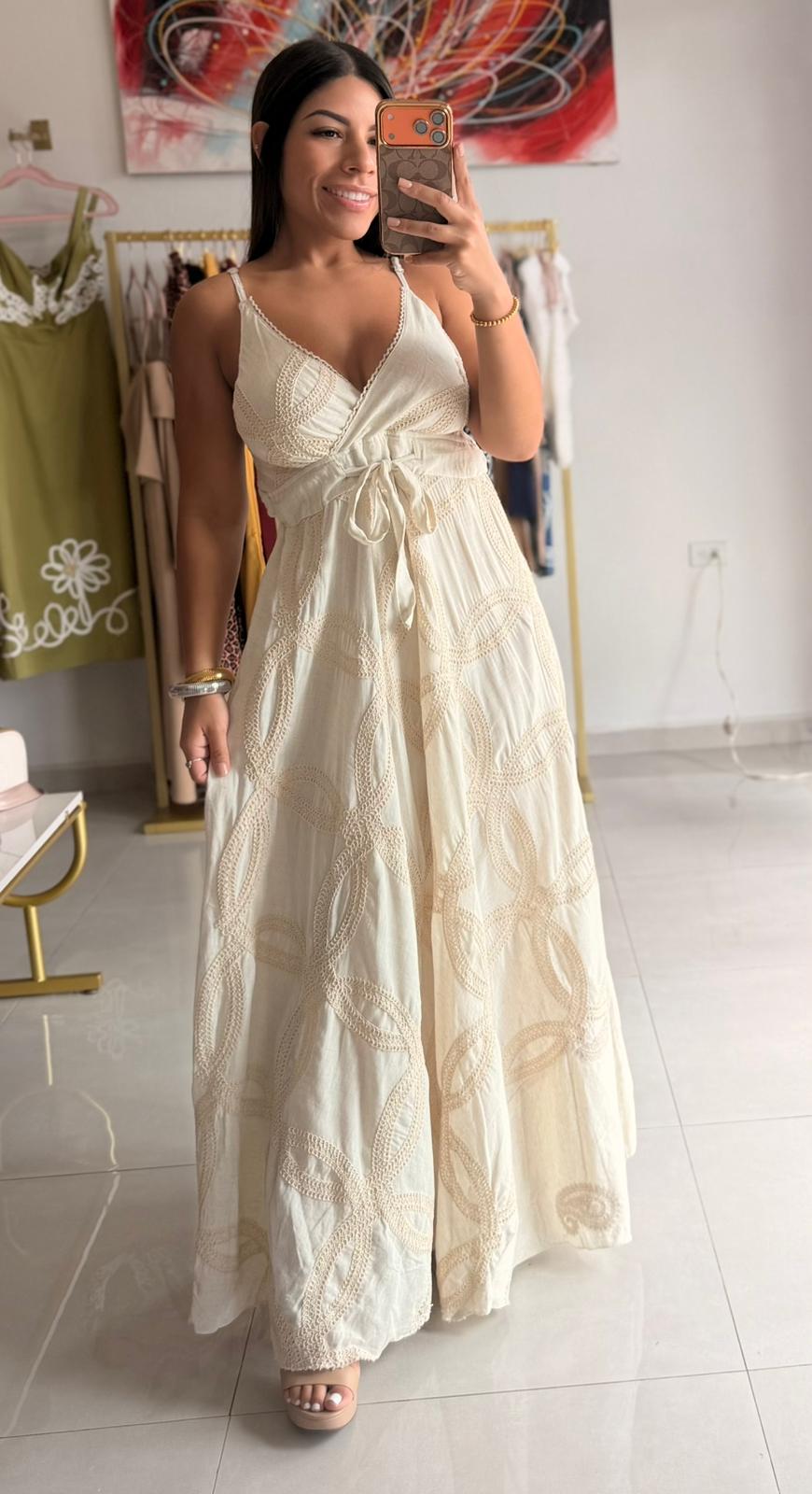 Ivory Maxi Dress with embroidery cream