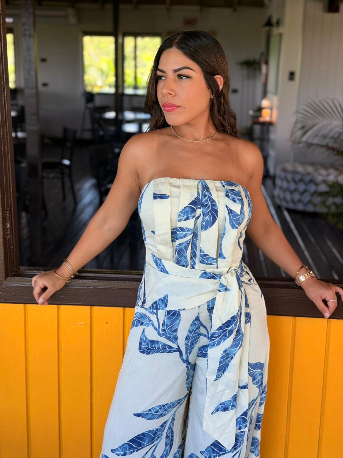 Strapless Waist Tie Detail Jumpsuit/ Blue