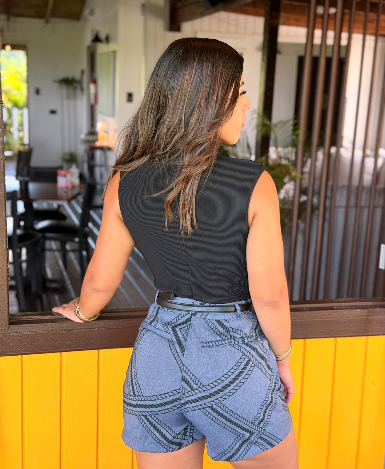 Sleeveless Print Romper/Denim