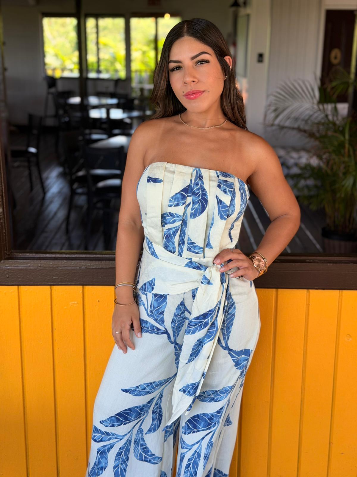 Strapless Waist Tie Detail Jumpsuit/ Blue