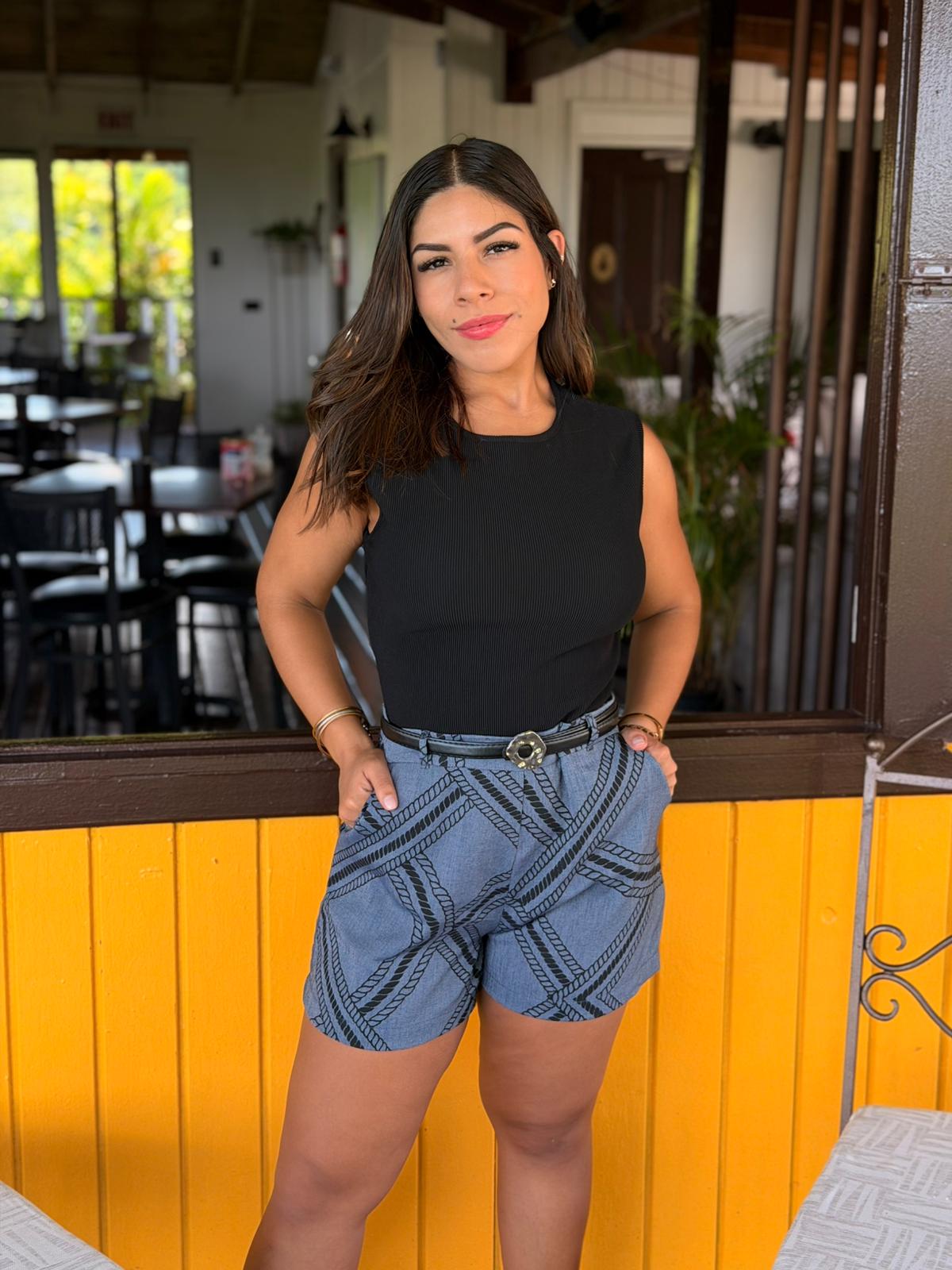 Sleeveless Print Romper/Denim