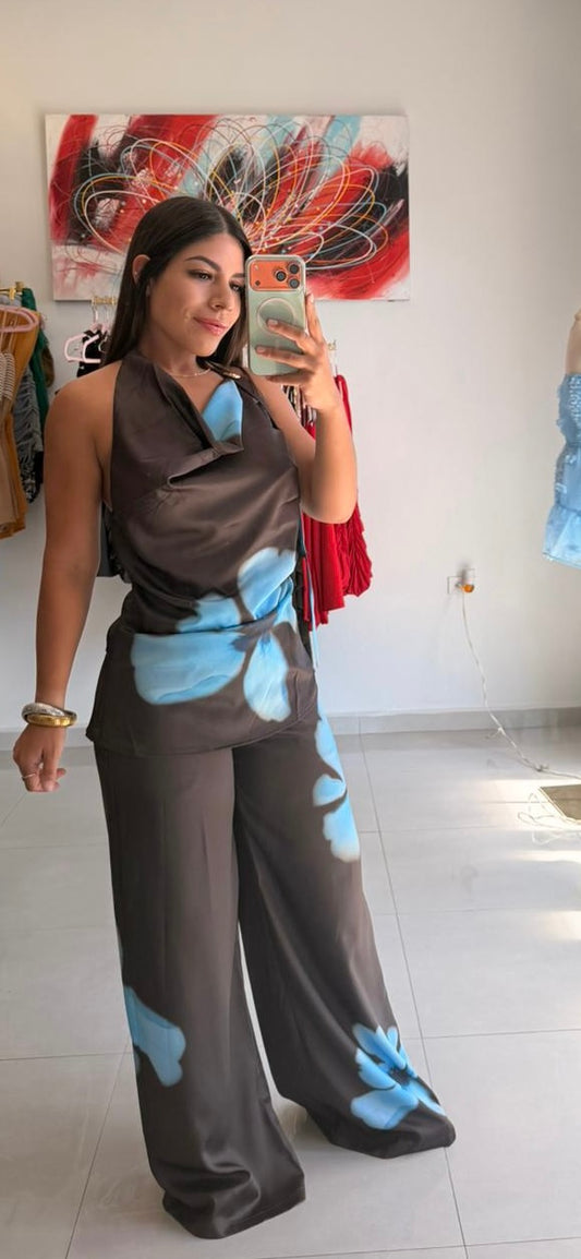 Satin Drape Pants Set Brown