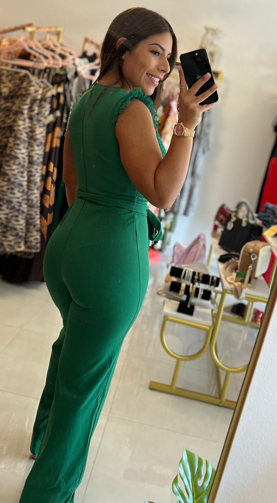 Lace top knit jumpsuit green