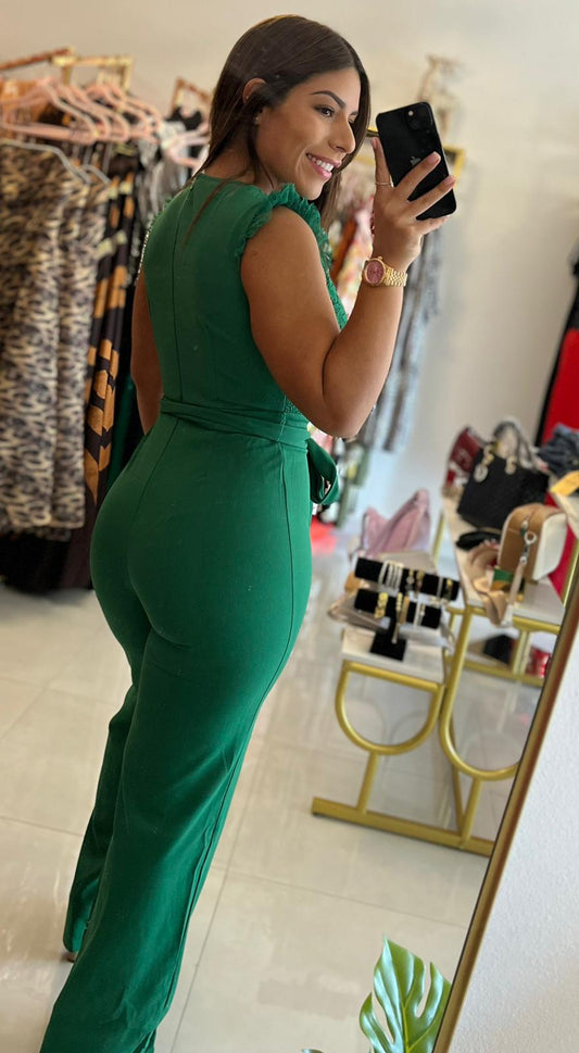 Lace top knit jumpsuit green