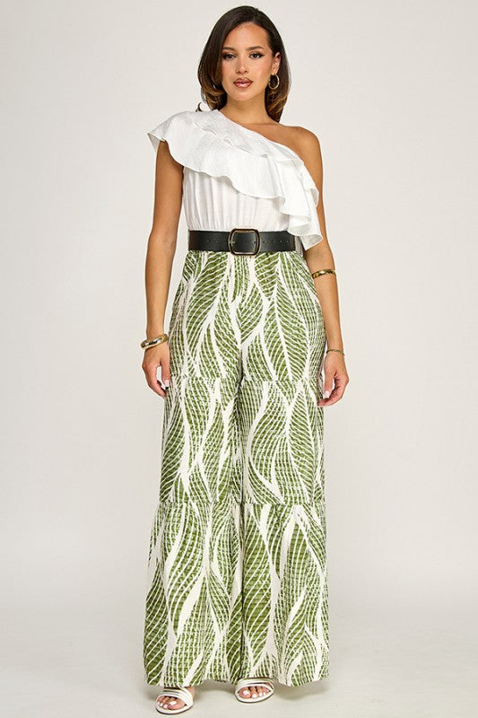 One Shoulder Ruffle Belted Jumpsuit