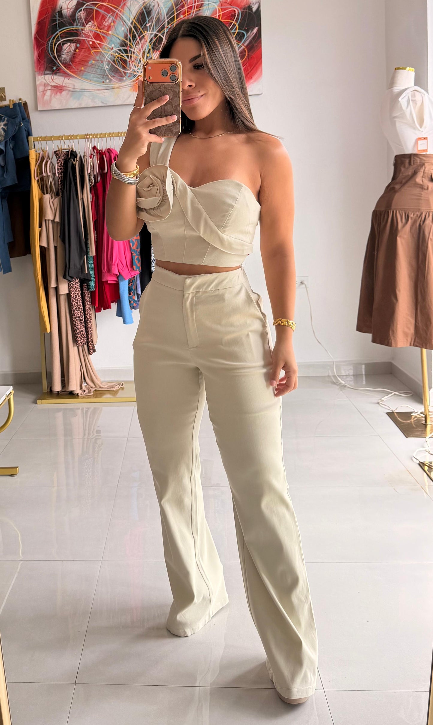 One Shoulder Flower Pant Set