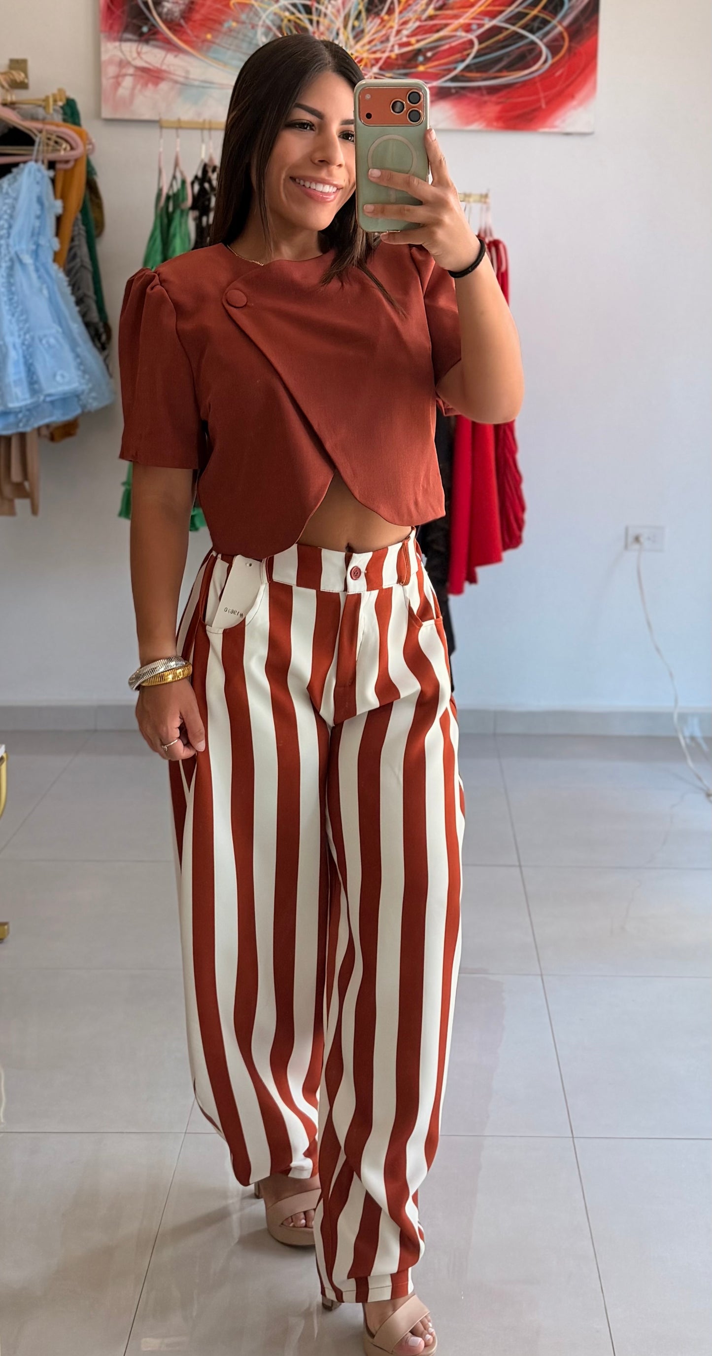 Terracotta Stripe Barrel Pant