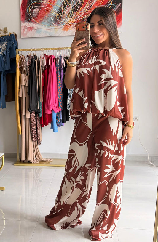 Printed Pant Set- Brown