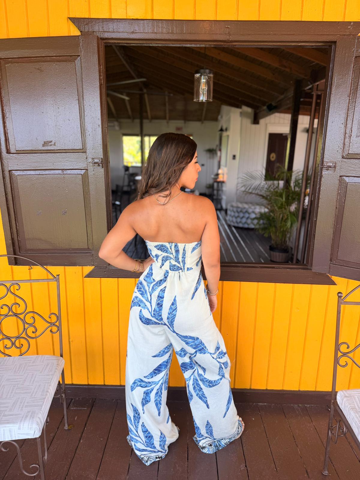 Strapless Waist Tie Detail Jumpsuit/ Blue