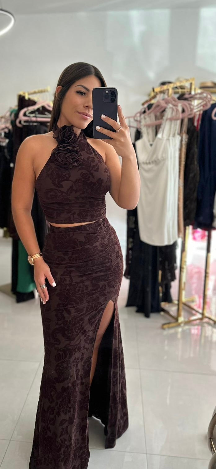 Crop Backless Top & Long Skirt Brown