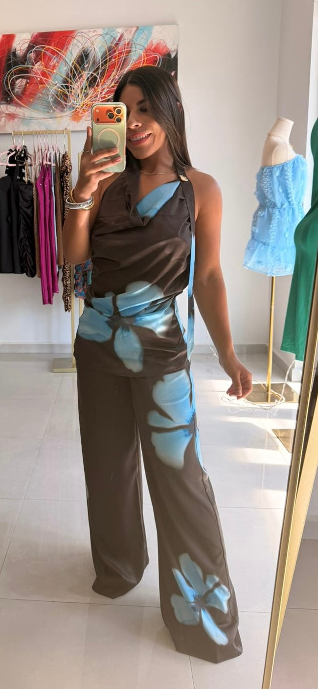 Satin Drape Pants Set Brown