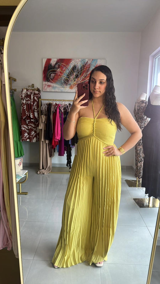 Pleated Braided Strap Halter Jumpsuit
