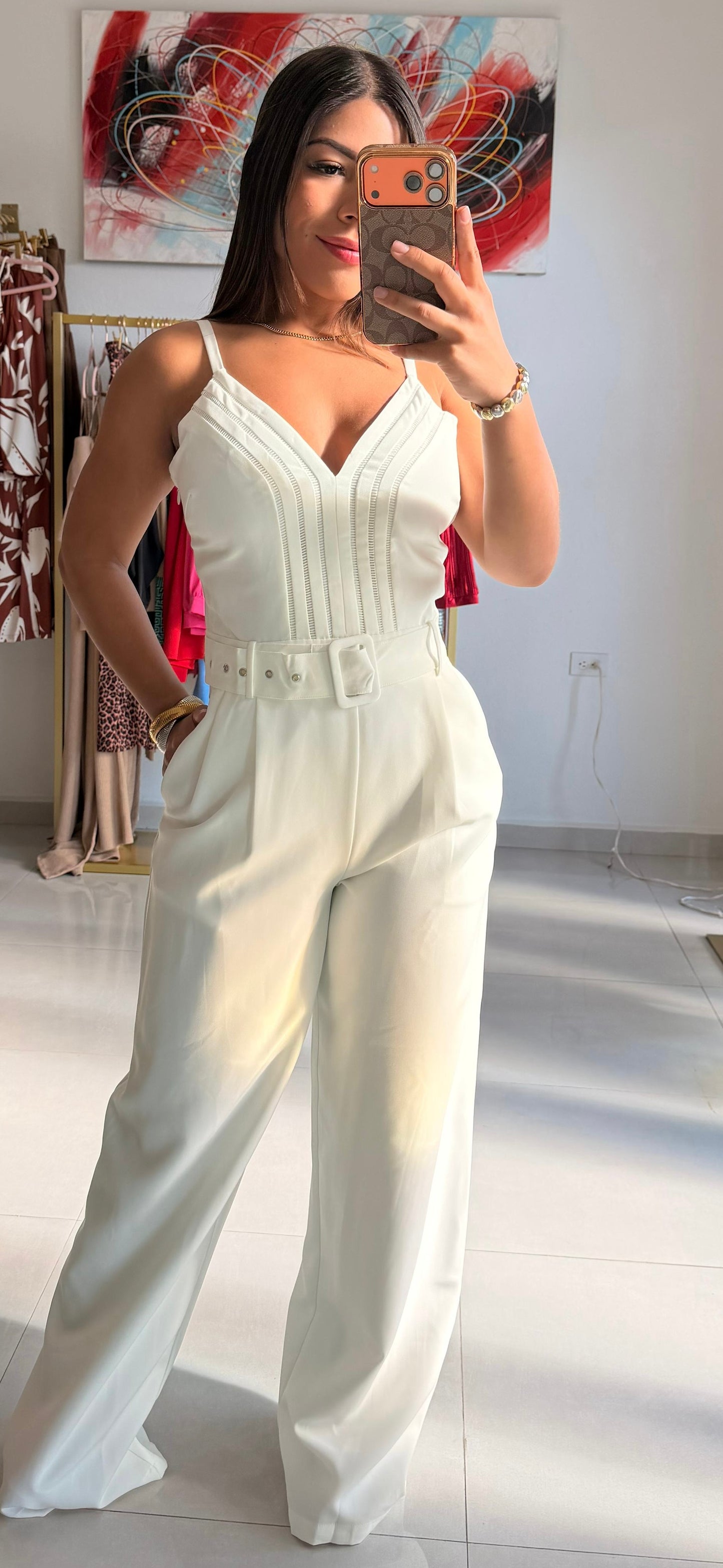 Ivory wide leg belted jumpsuit