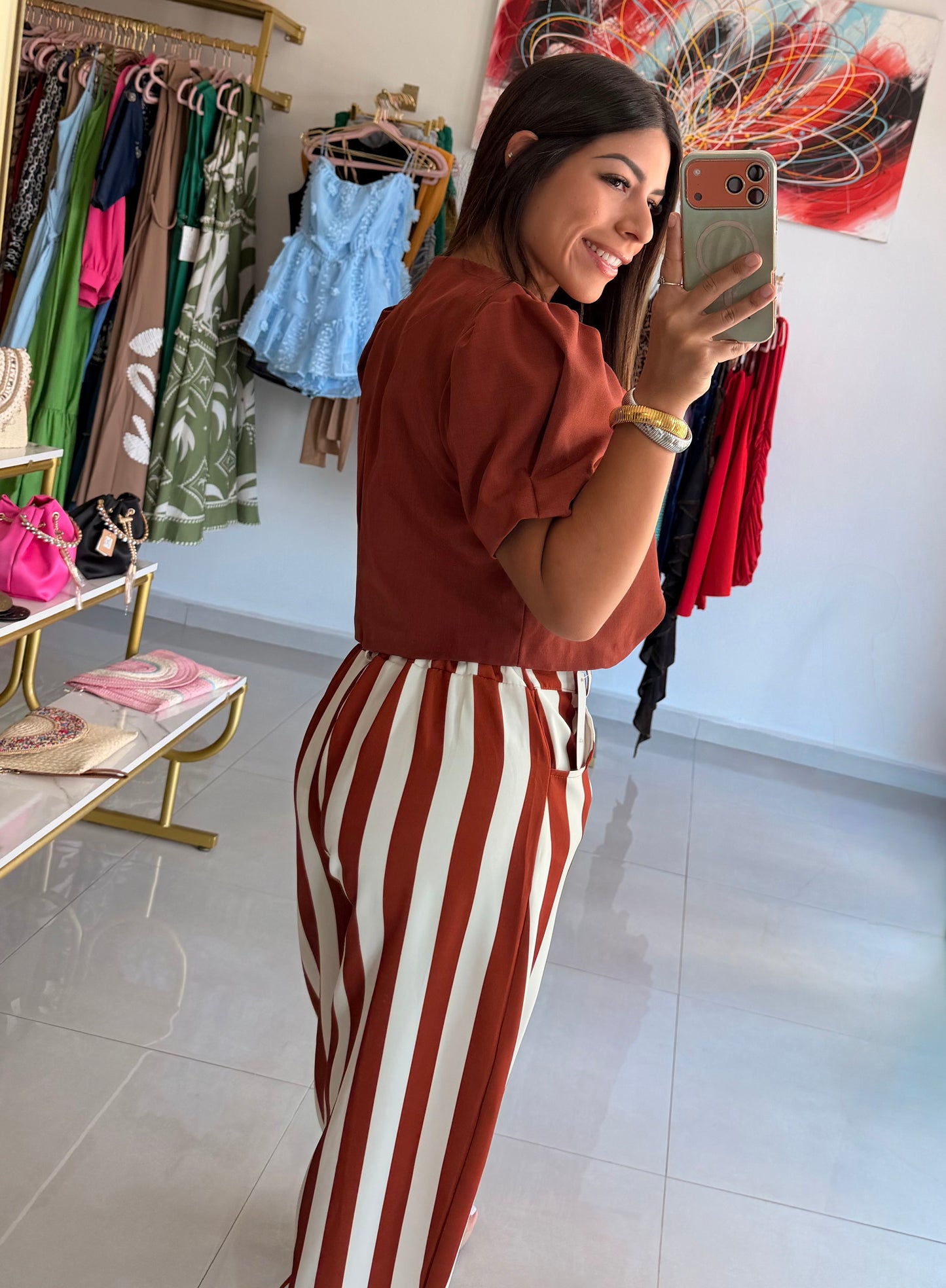 Terracotta Stripe Barrel Pant