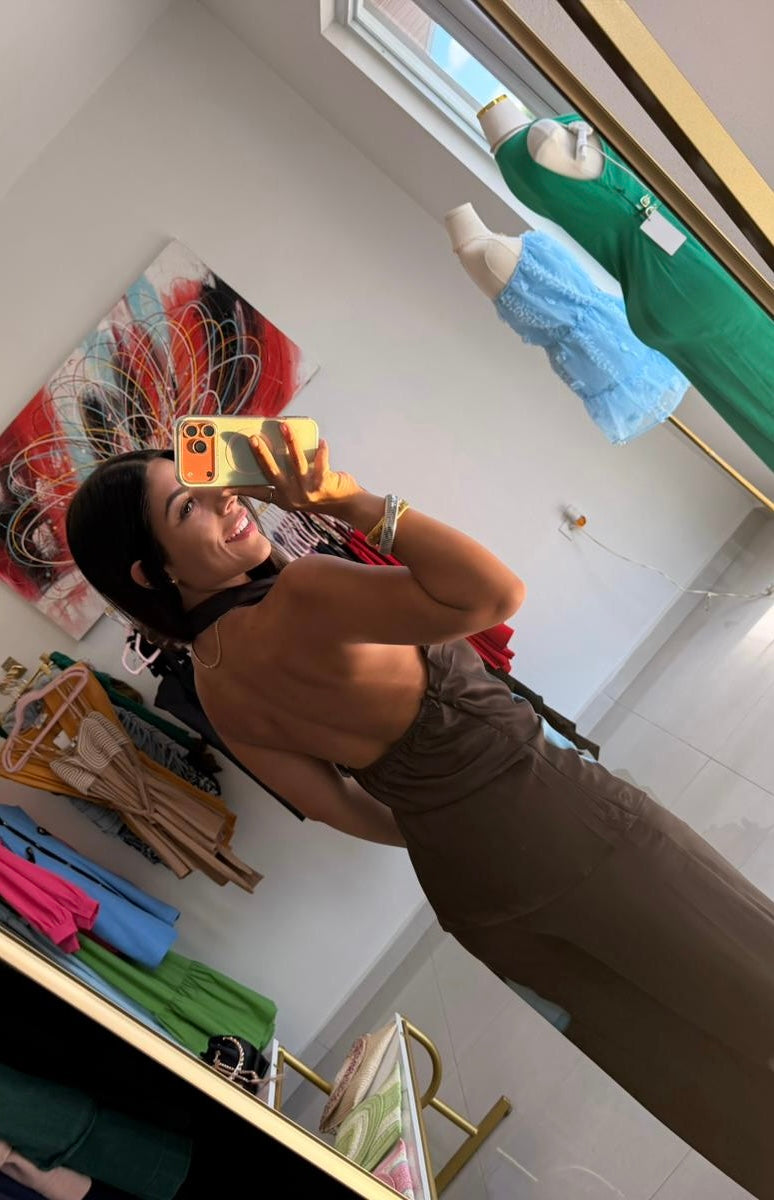 Satin Drape Pants Set Brown