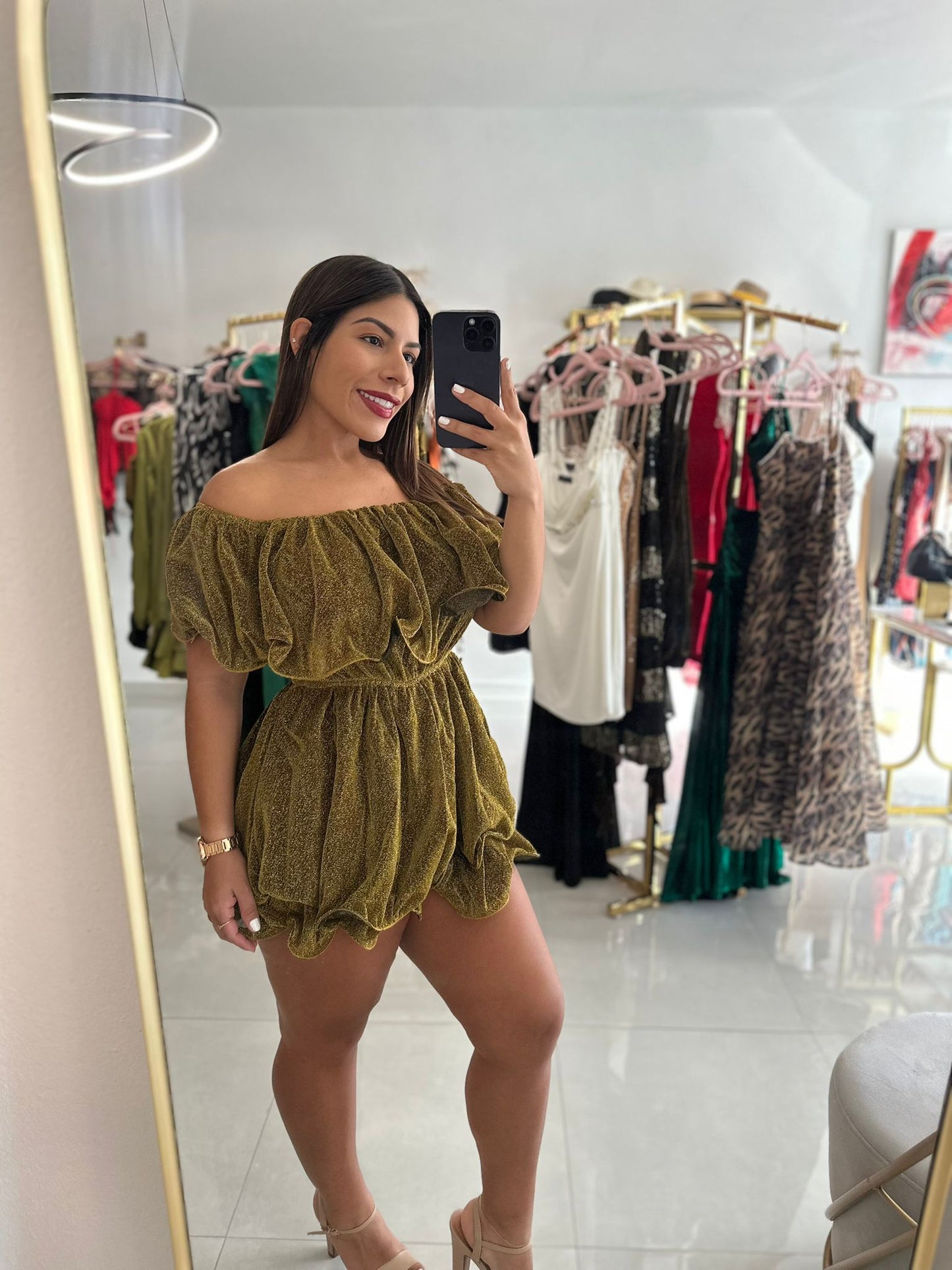 Off Shoulder Knit Romper Gold