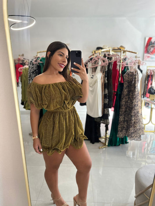 Off Shoulder Knit Romper Gold