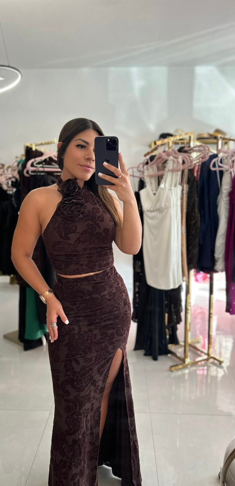 Crop Backless Top & Long Skirt Brown