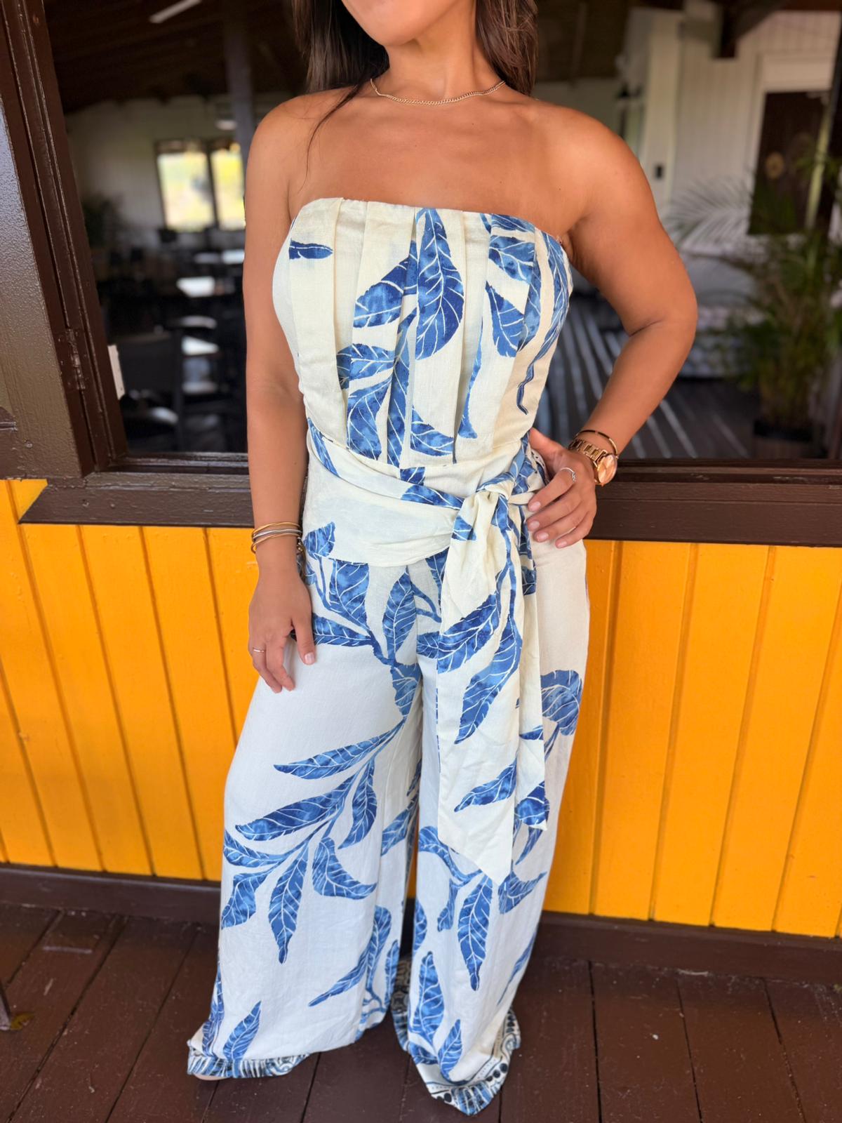 Strapless Waist Tie Detail Jumpsuit/ Blue