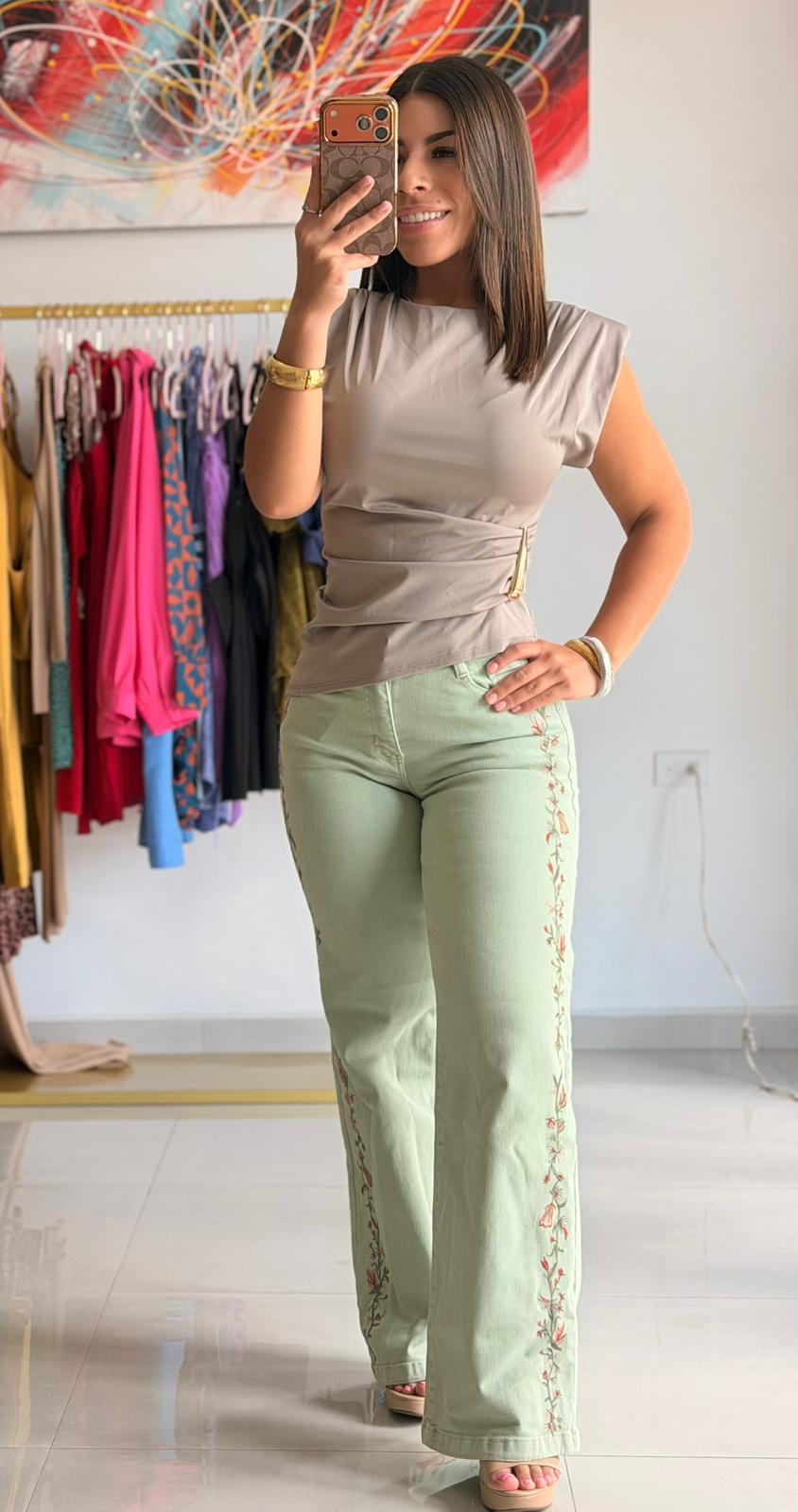 Green Jean with Embroidery