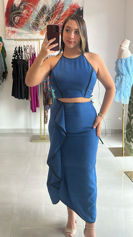 Halter Crop Top W/ Ruffle Detail Skirt