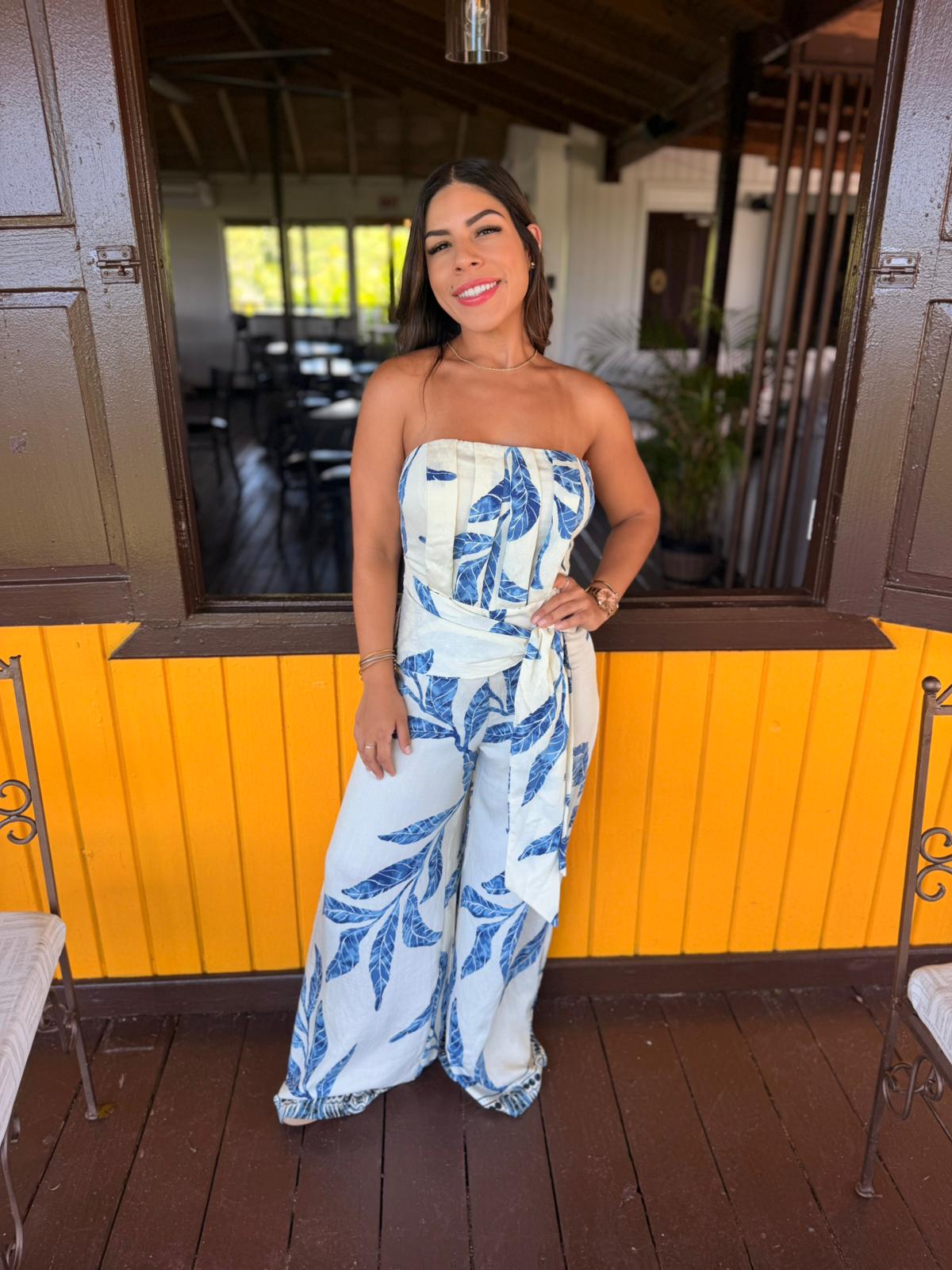 Strapless Waist Tie Detail Jumpsuit/ Blue