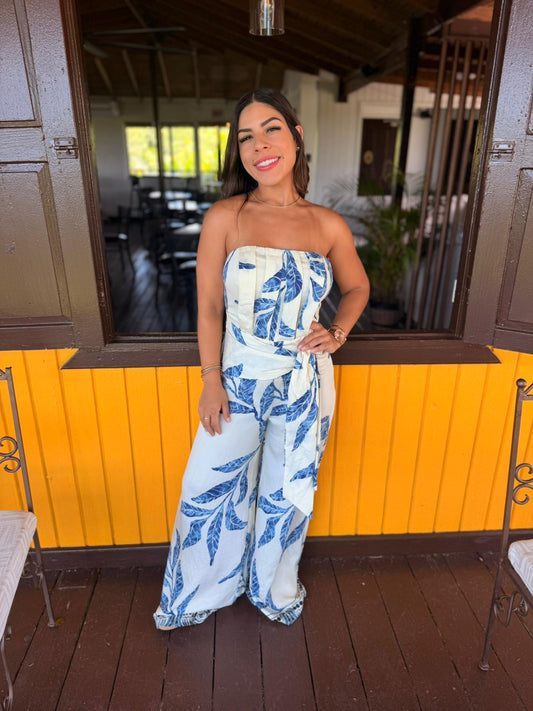 Strapless Waist Tie Detail Jumpsuit/ Blue