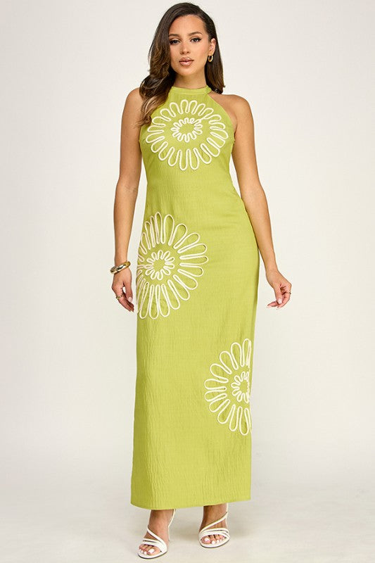 Flower Embroidery Lime Maxi Dress