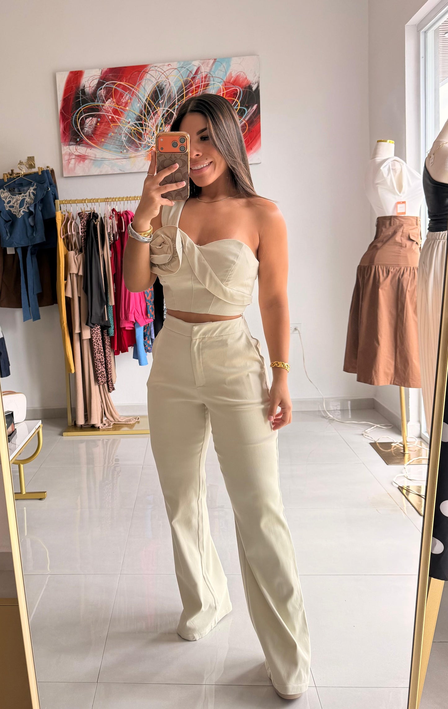 One Shoulder Flower Pant Set