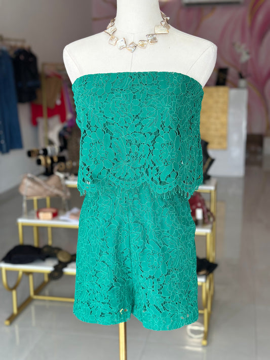 Emerald Lace Strapless Romper