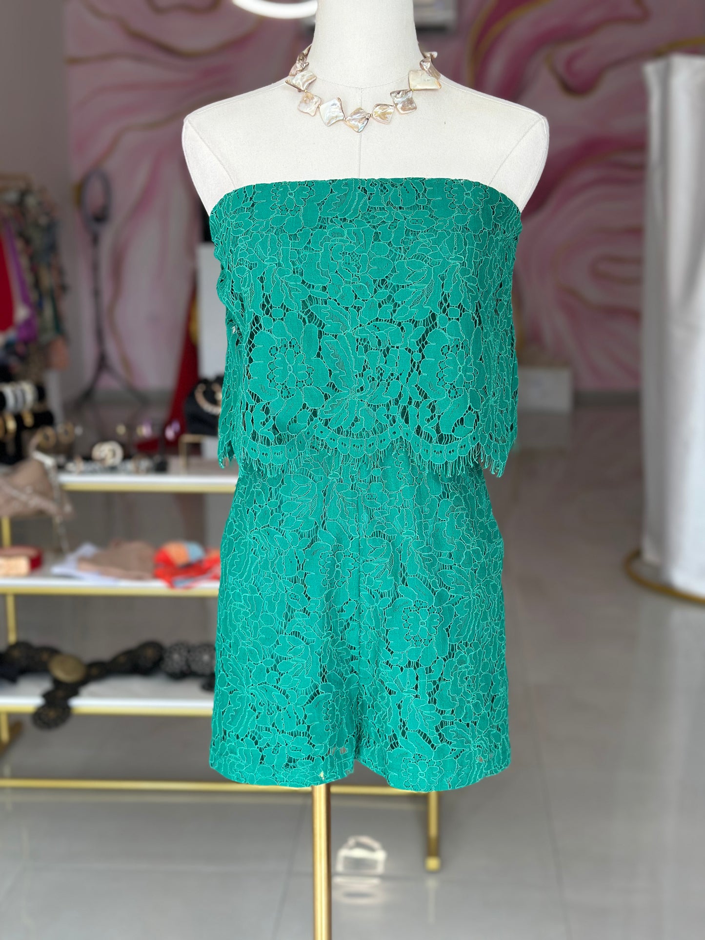 Emerald Lace Strapless Romper