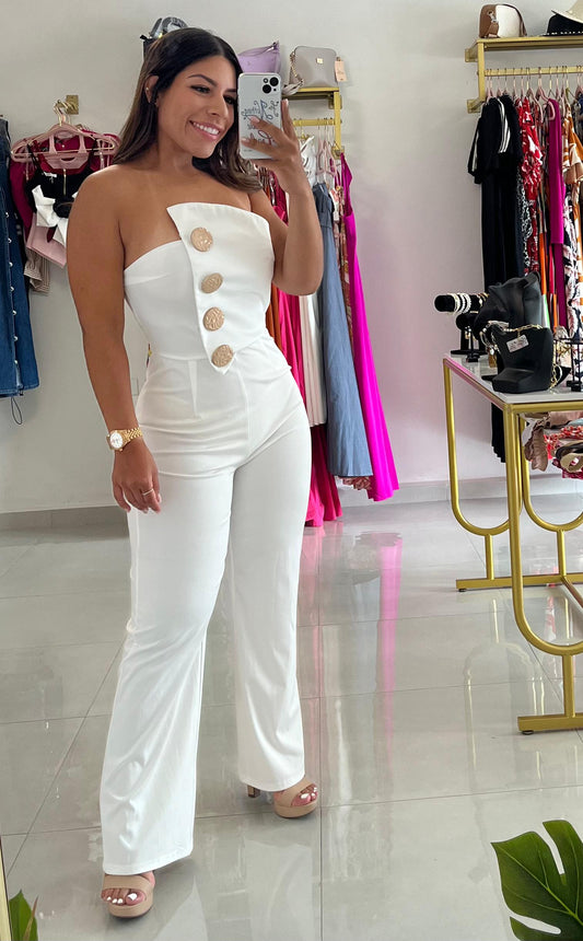 Off Shoulder Botton Strapless Jumpsuit-White