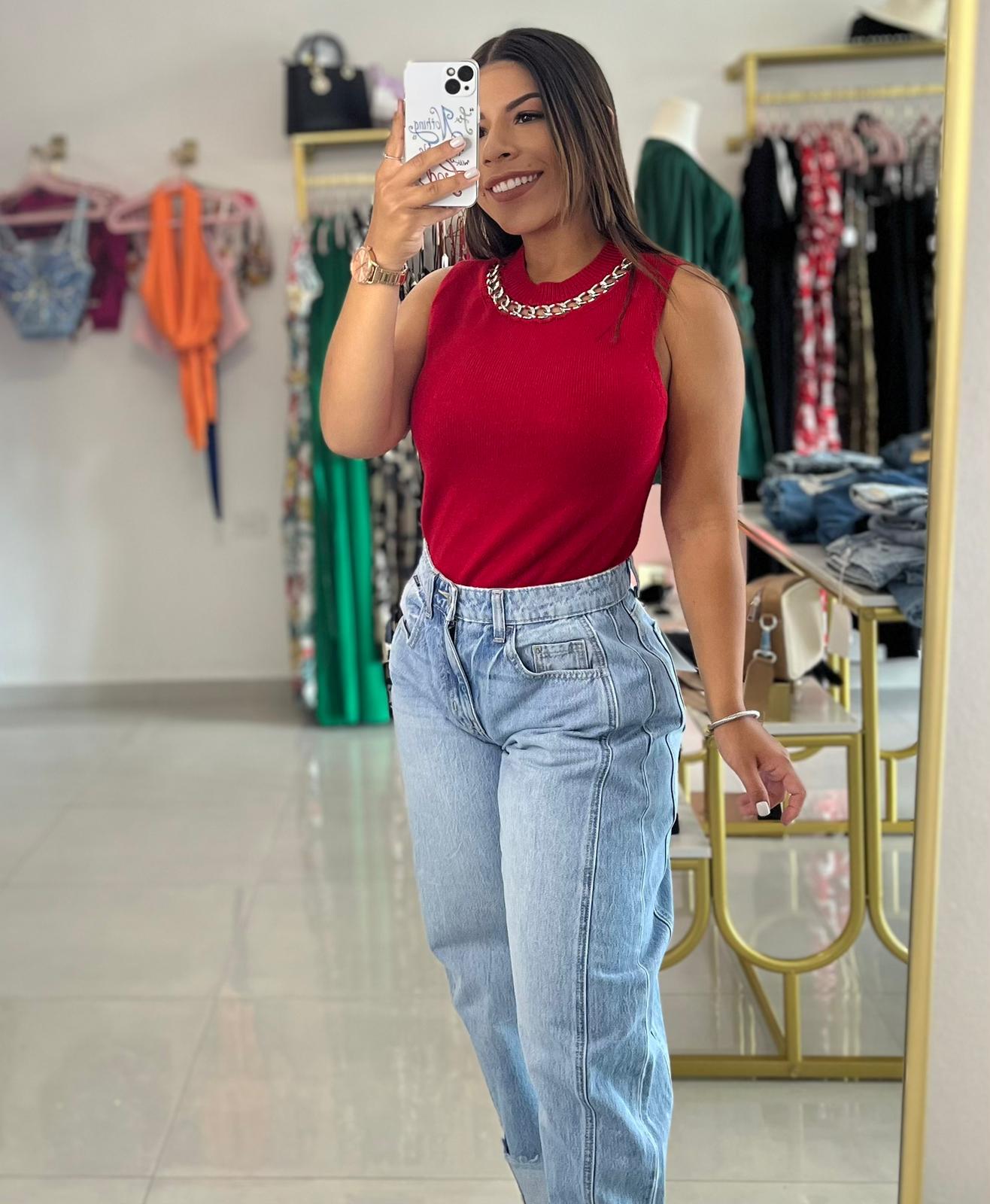 Sleeveless Knit Top With Chain Trim- Red