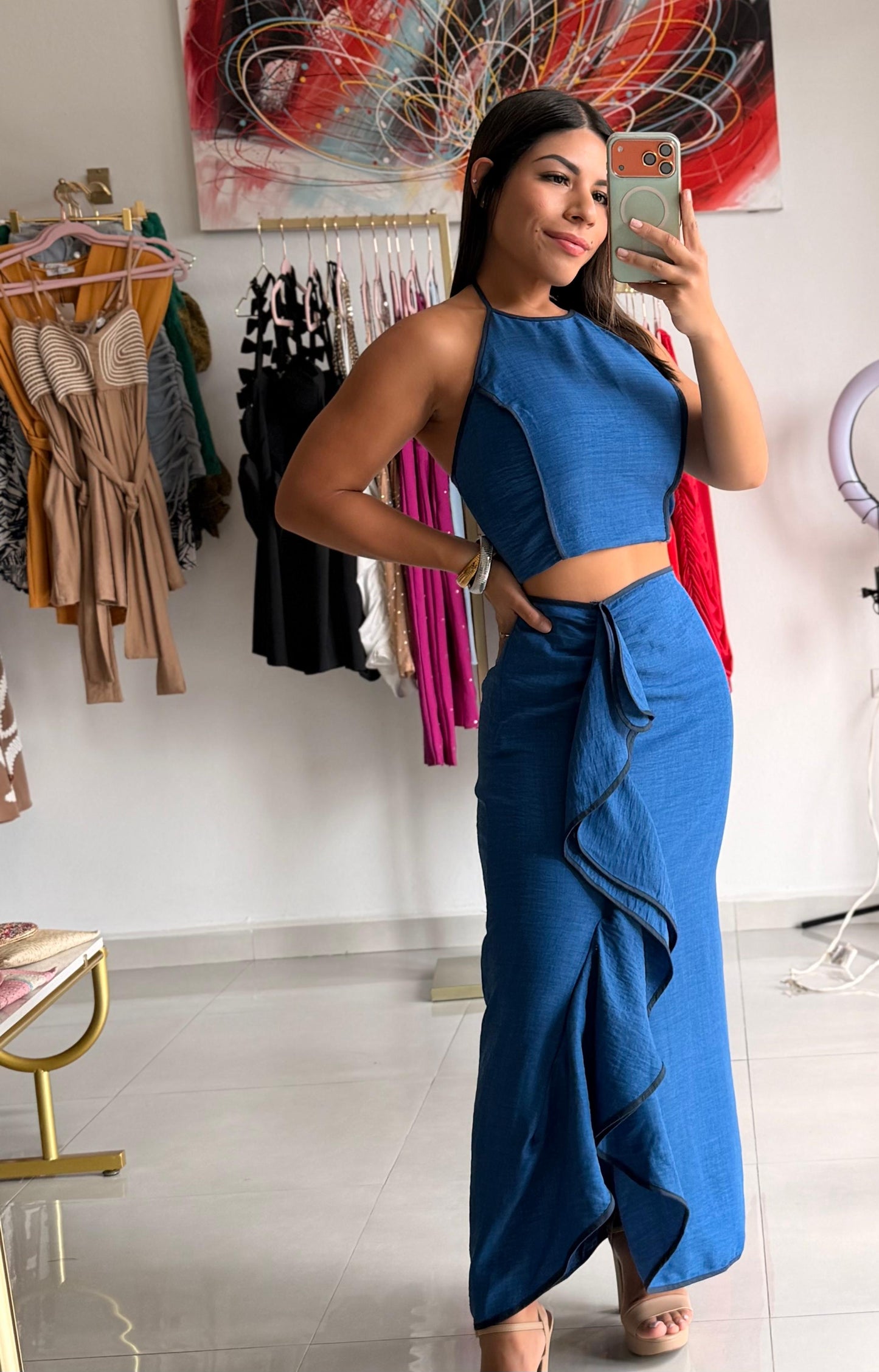 Halter Crop Top W/ Ruffle Detail Skirt